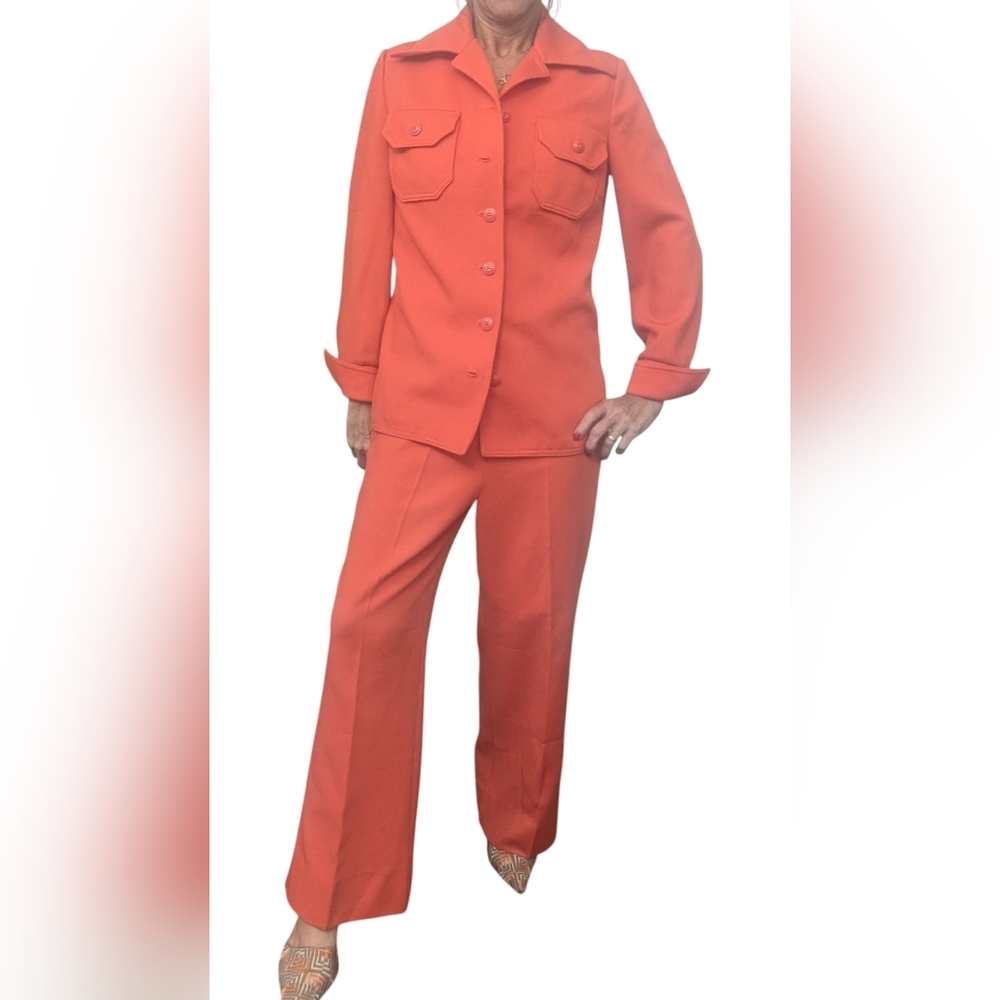 Vintage 1970s Butte Knit Orange Pantsuit Two Piece Set Mod Retro Wide Leg Blazer